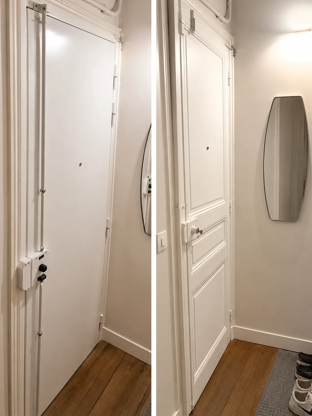 Porte d’appartement parisien blindée : face intérieure habillée avec sa serrure, côté palier aux moulures conservées